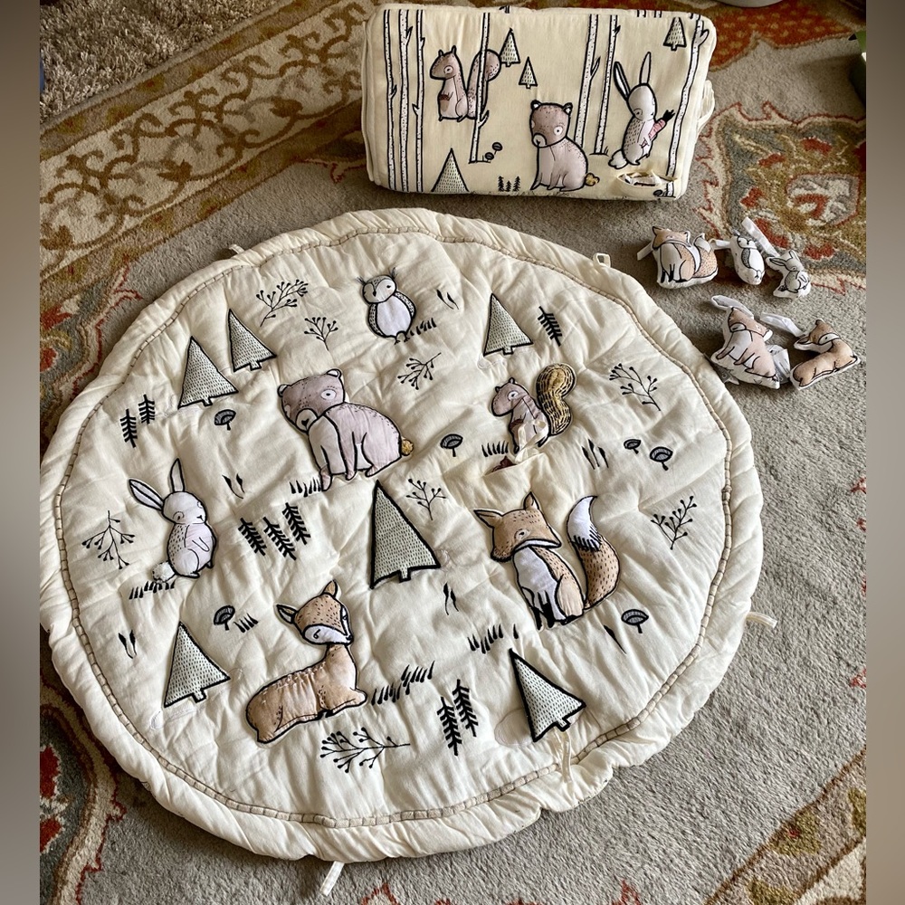 Crate & Barrel Woodland Animals Baby Activity Mat, Rattles, & Tummy Toy Set